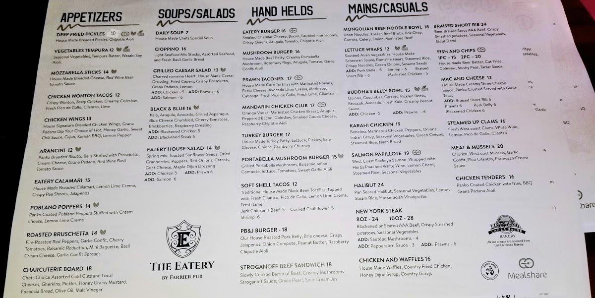 Menu at The Eatery by Farrier Pub, 100 Mile House