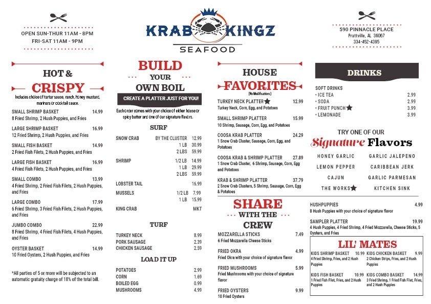 Menu at Krab Kingz Seafood restaurant, Prattville