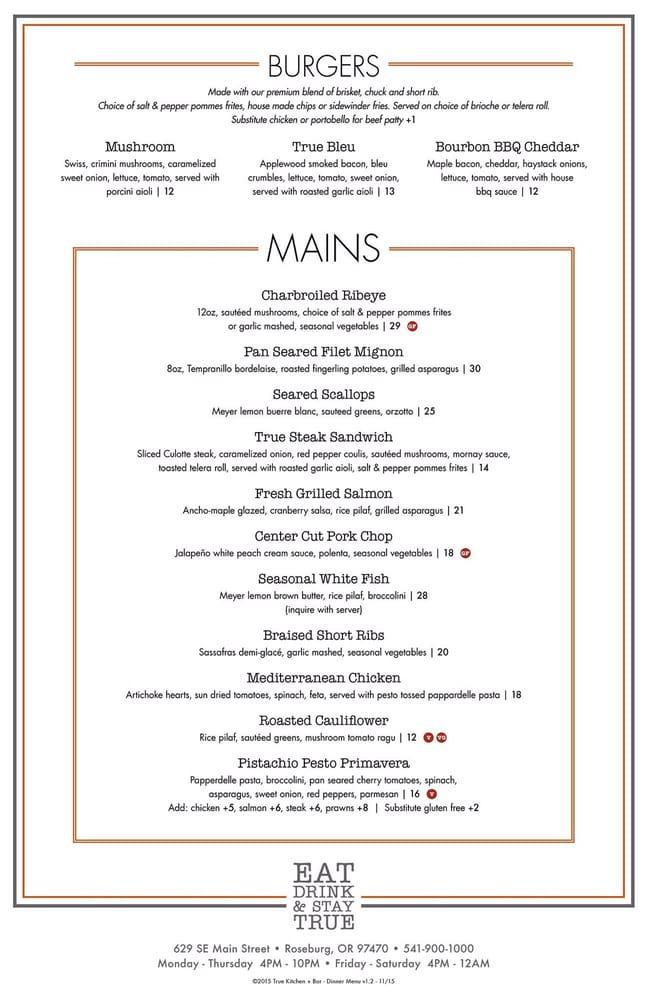 Menu at True Kitchen + Bar, Roseburg