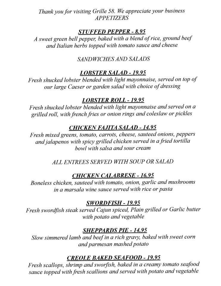 Menu at Grille 58 restaurant, Halifax