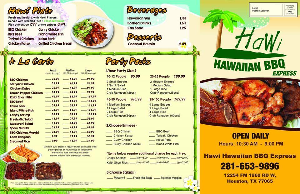 Menu at Hawi Hawaiian Bbq, Houston