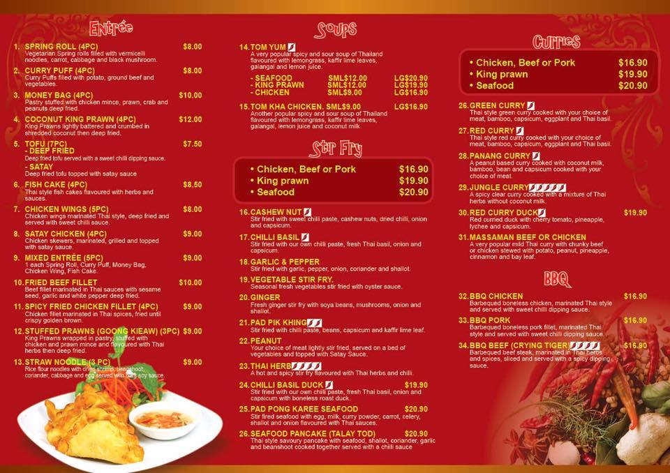 Menu at Nana on the bay Thai Restaurant, Vincentia