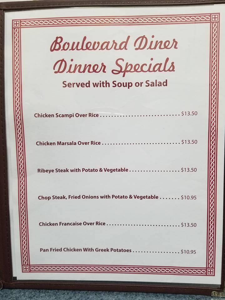 Menu at Boulevard Diner restaurant, Scranton