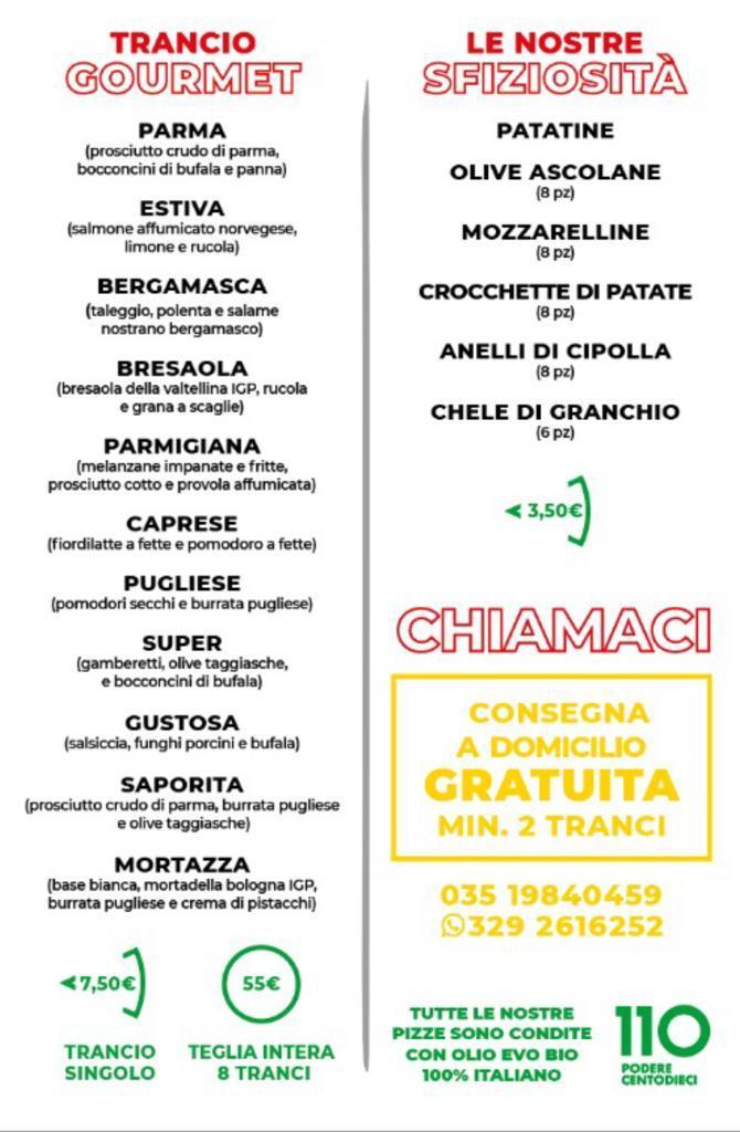 Menu au Pizzeria Mille Tranci pizza alta gourmet, Bergame