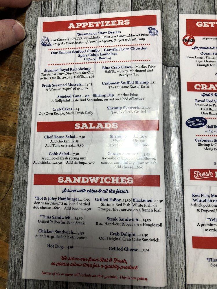Menu at Gulf Shores Steamer restaurant, Orange Beach