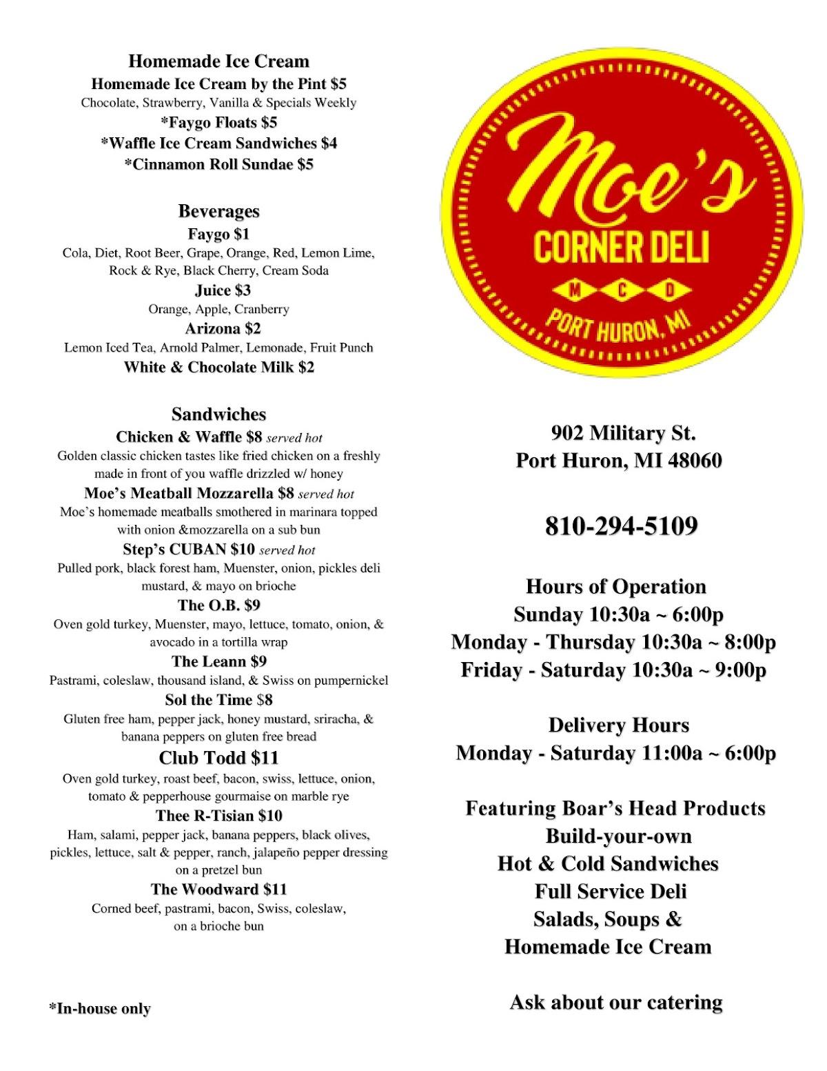 Menu at Moe's Corner Deli restaurant, Port Huron