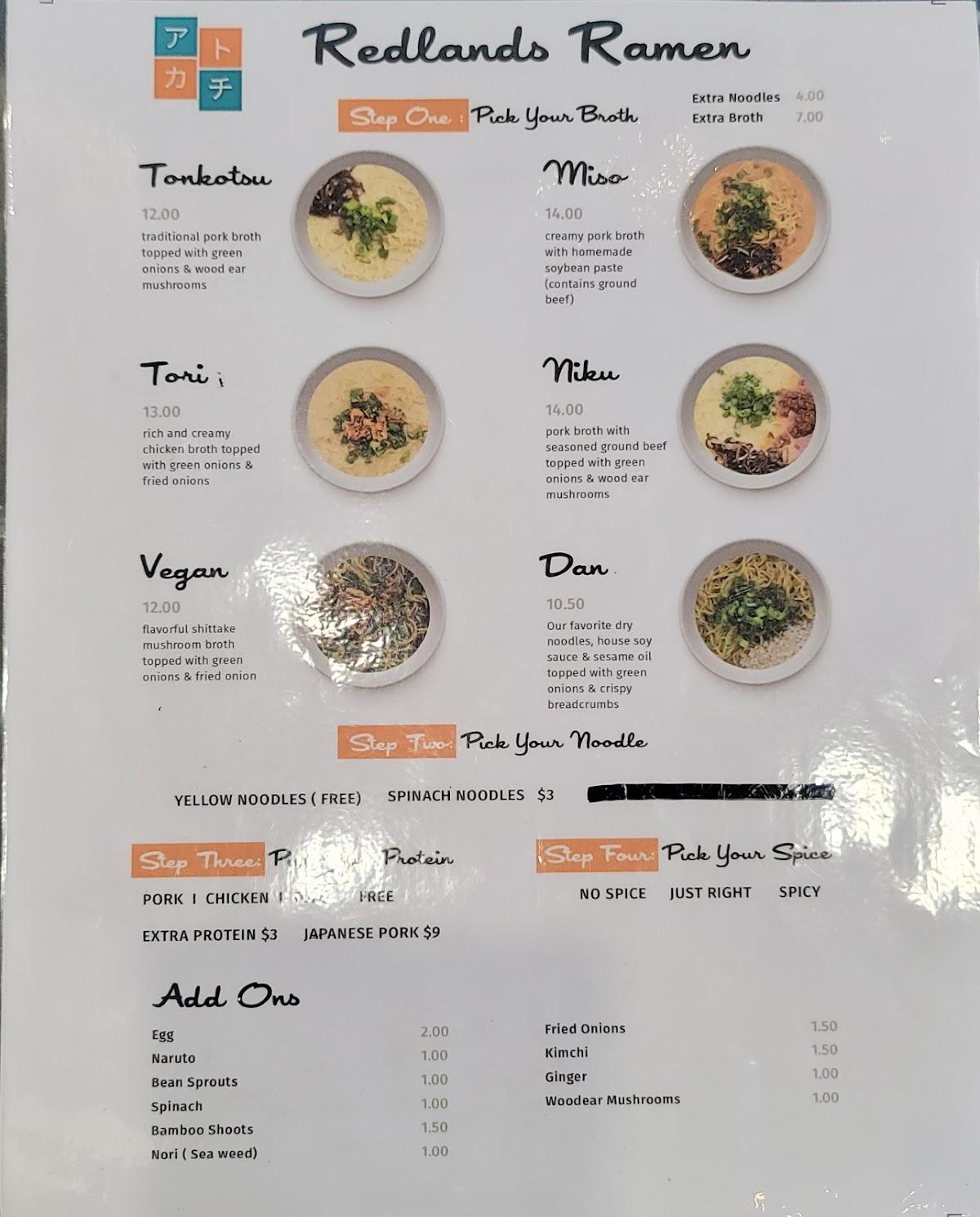 Menu at Redlands Ramen restaurant, Redlands
