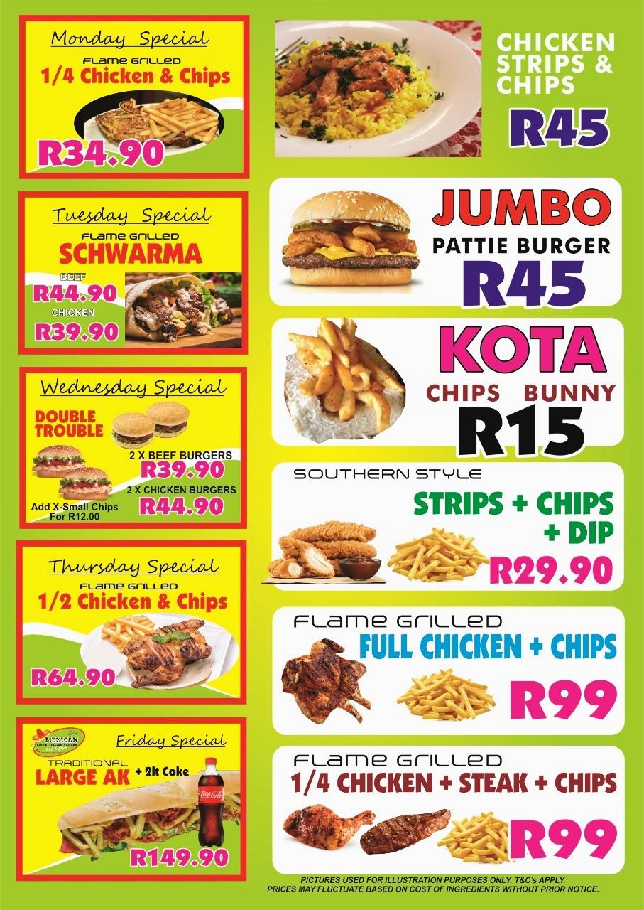Speisekarte Von Mexican Flame Grilled Chicken Restaurant Johannesburg