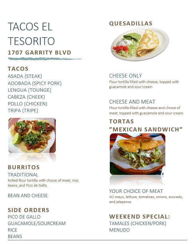 Menu at Tacos El Tesorito Taco Truck restaurant, Nampa