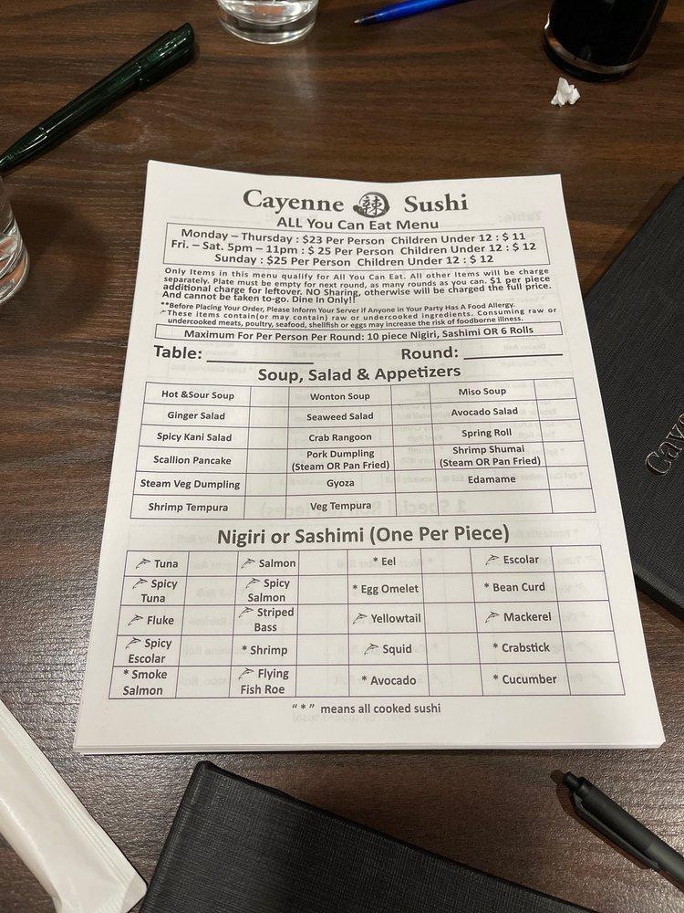Carta de Cayenne sushi restaurant, Johnston