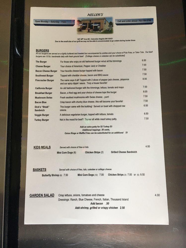Menu at Miller's pub & bar, Columbia Heights
