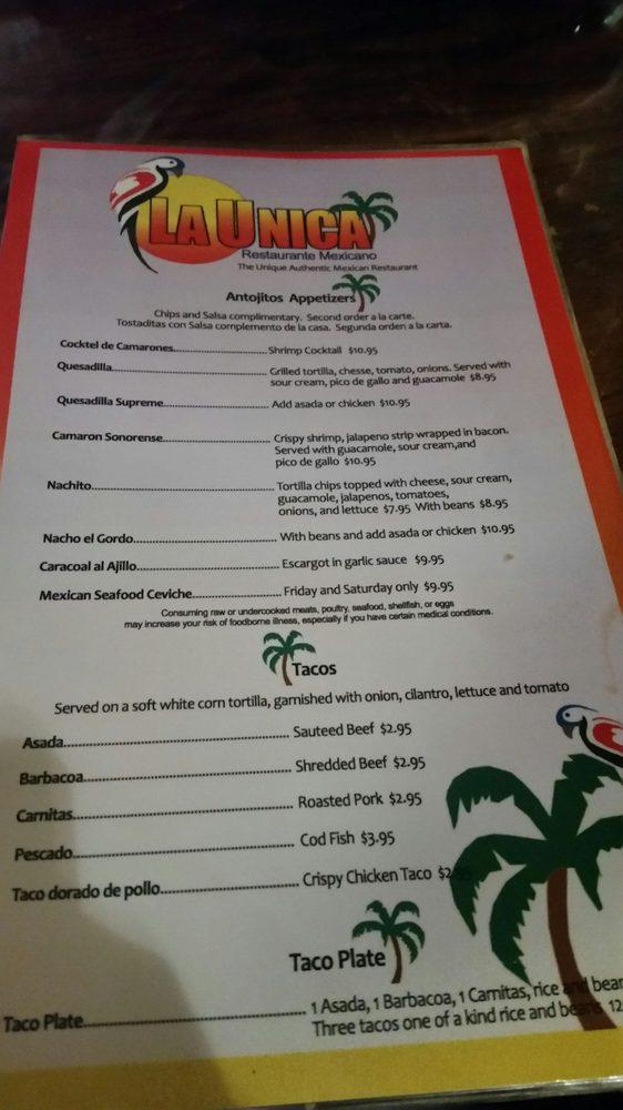 Menu at La Unica restaurant, Colorado Springs