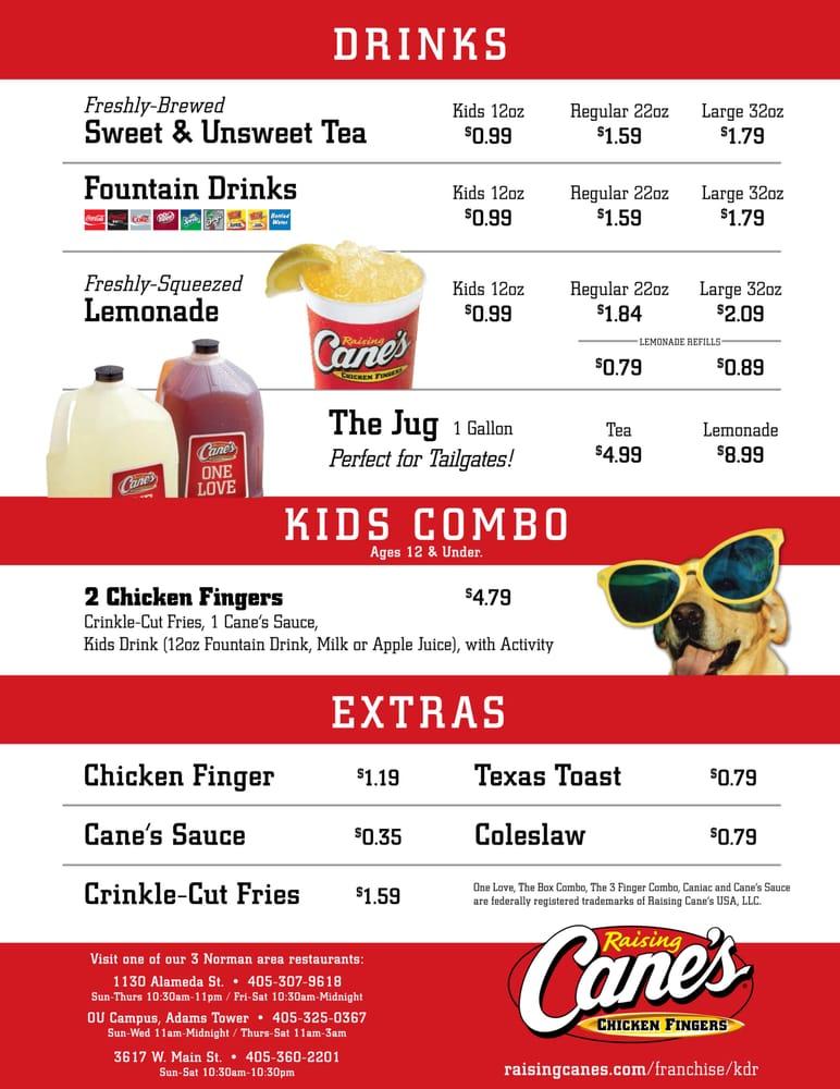 Carta de comida rápida Raising Cane's Chicken Fingers, Norman, E Alameda St