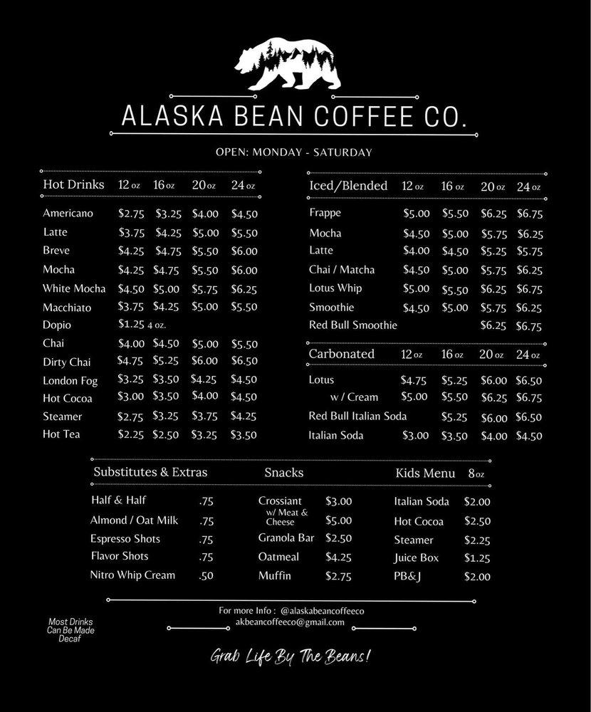 Menu at Alaska Bean Coffee Company pub & bar, Navarre