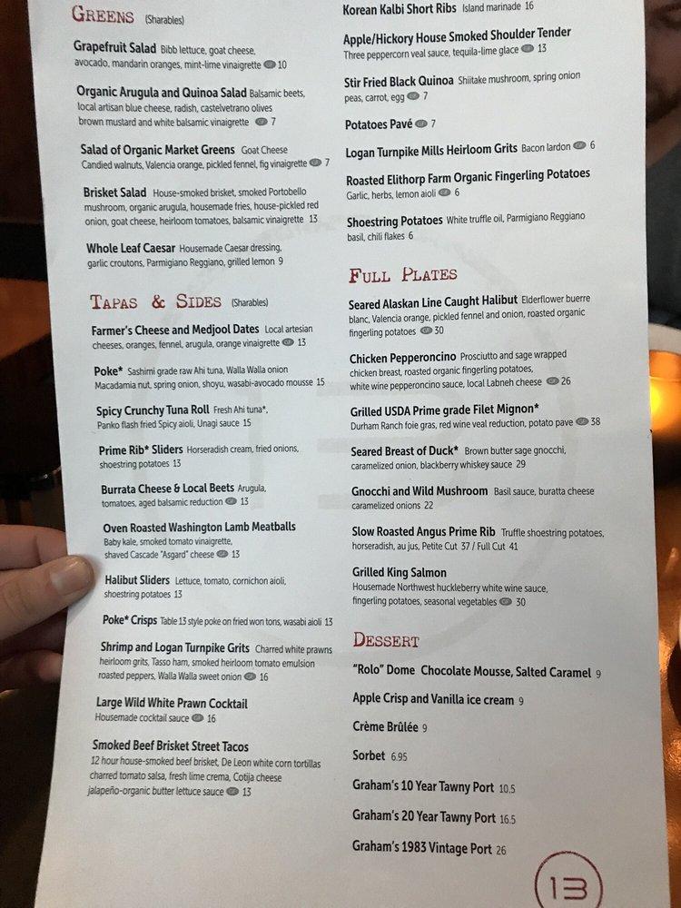 Menu at Table 13 Restaurant & Whiskey Bar, Spokane