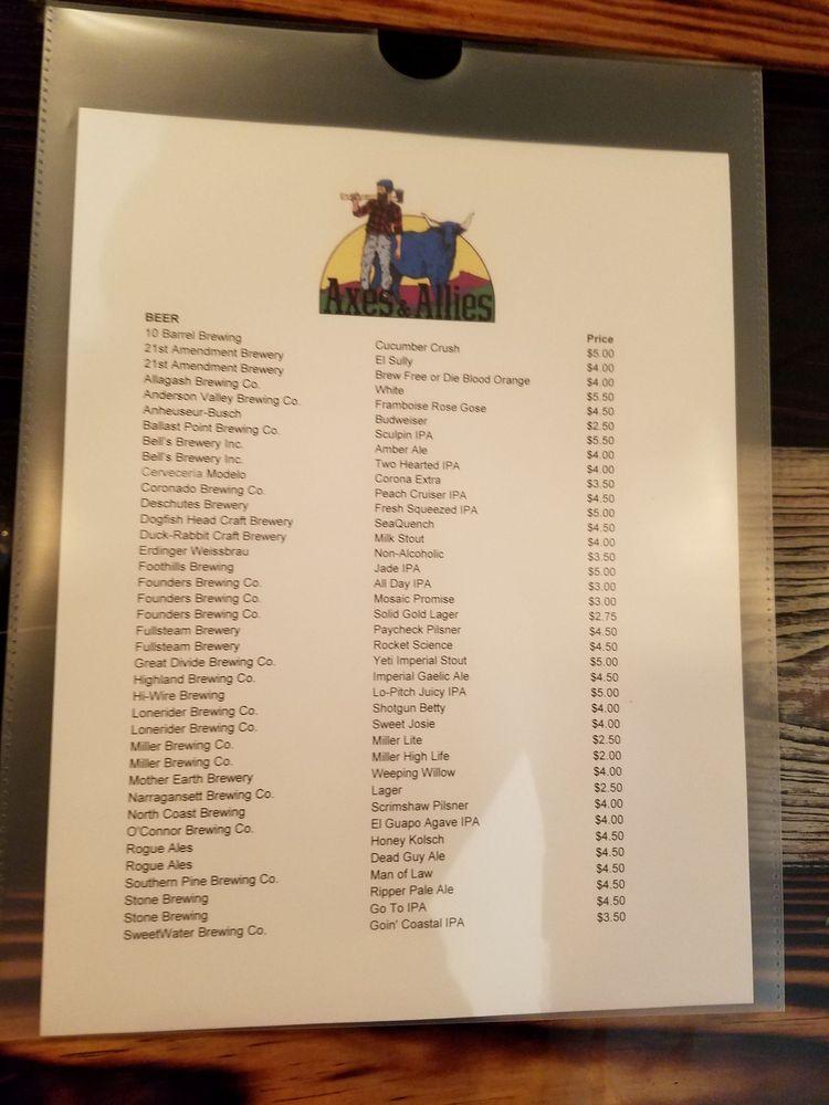 Menu at Axes & Allies pub & bar, Wilmington