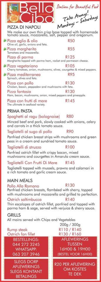 Menu at Bello Cibo Restaurant, Oudtshoorn