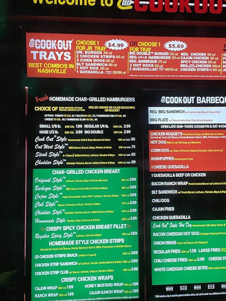 Menu at Cook Out fast food, Nashville, Gallatin Pike