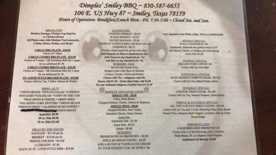 Menu at Dimples' Smiley BBQ, Smiley, 106 E US Highway 87