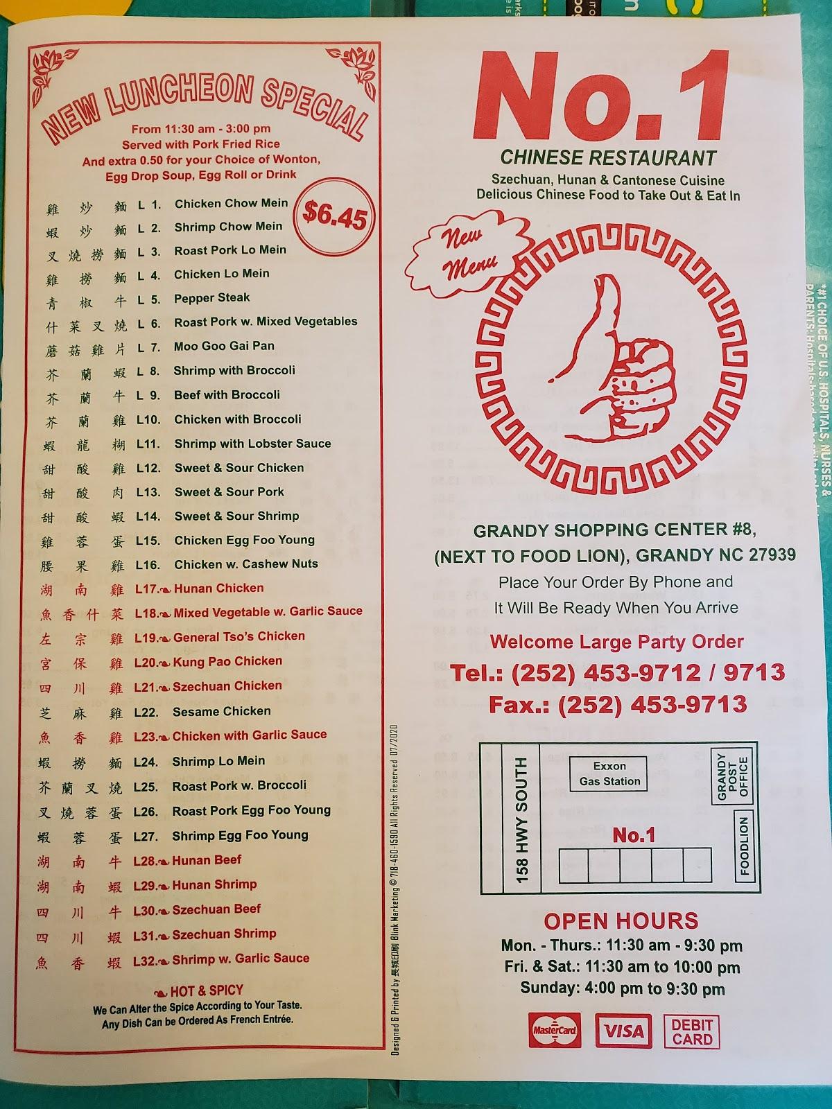 Menu At No 1 Chinese Restaurant Grandy