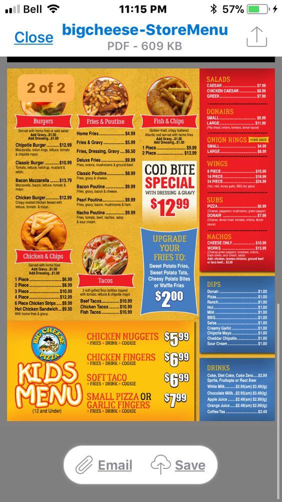 Menu at Big Cheese Pizza Restaurant, Mount Pearl