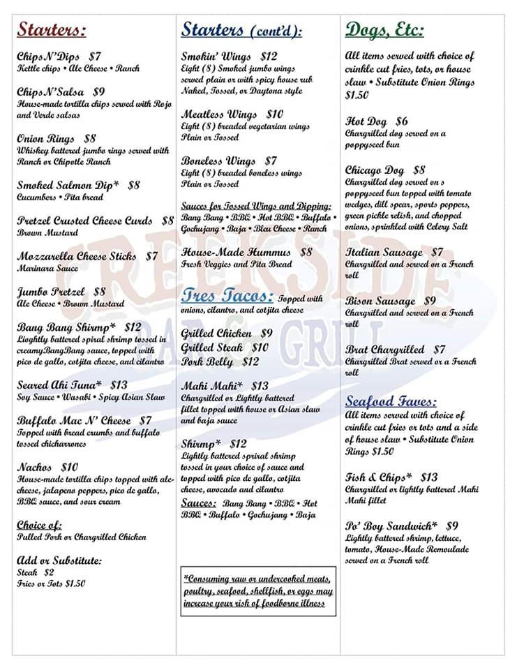 Menu at Creekside Bar & Grill, Michigan City