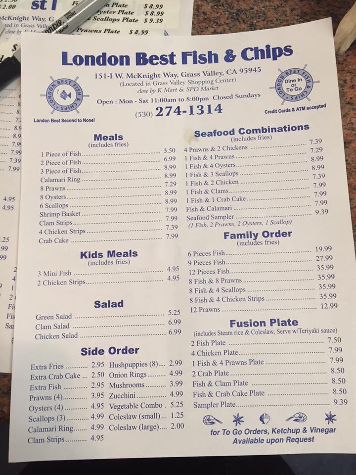 Menu at London's Best Fish & Chips restaurant, Grass Valley