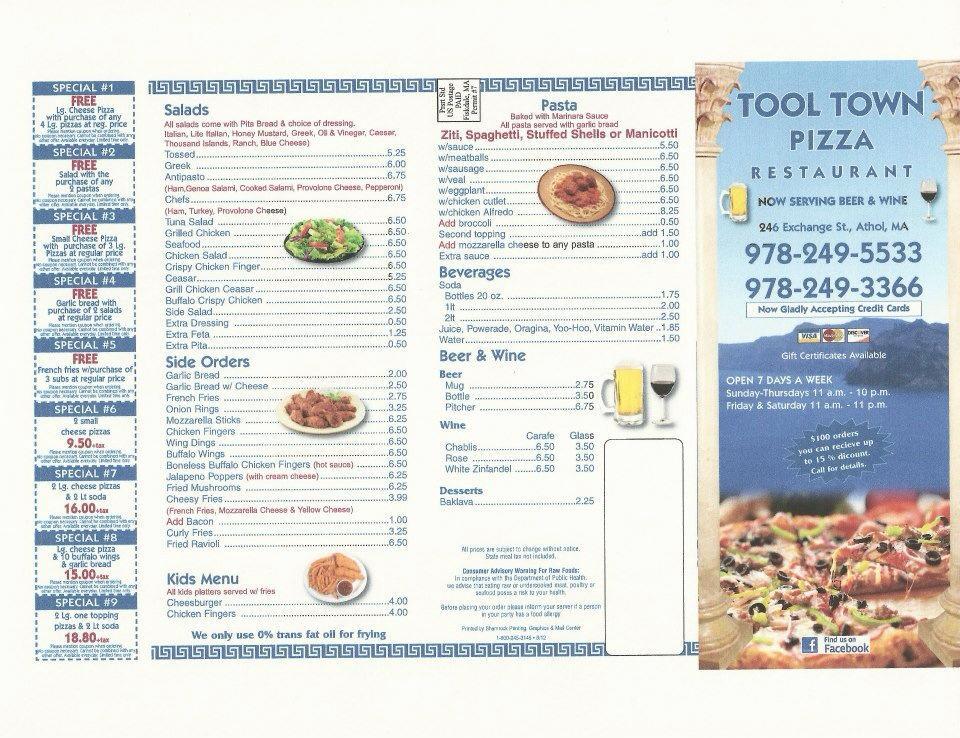 Menu at tool town pizza entertainment pizzeria athol