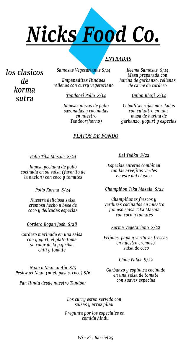 Menu at nick´s food co restaurant, Cusco