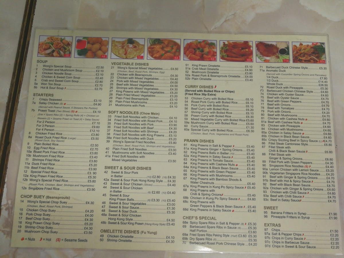 Menu at Wongs fast food, Brentwood
