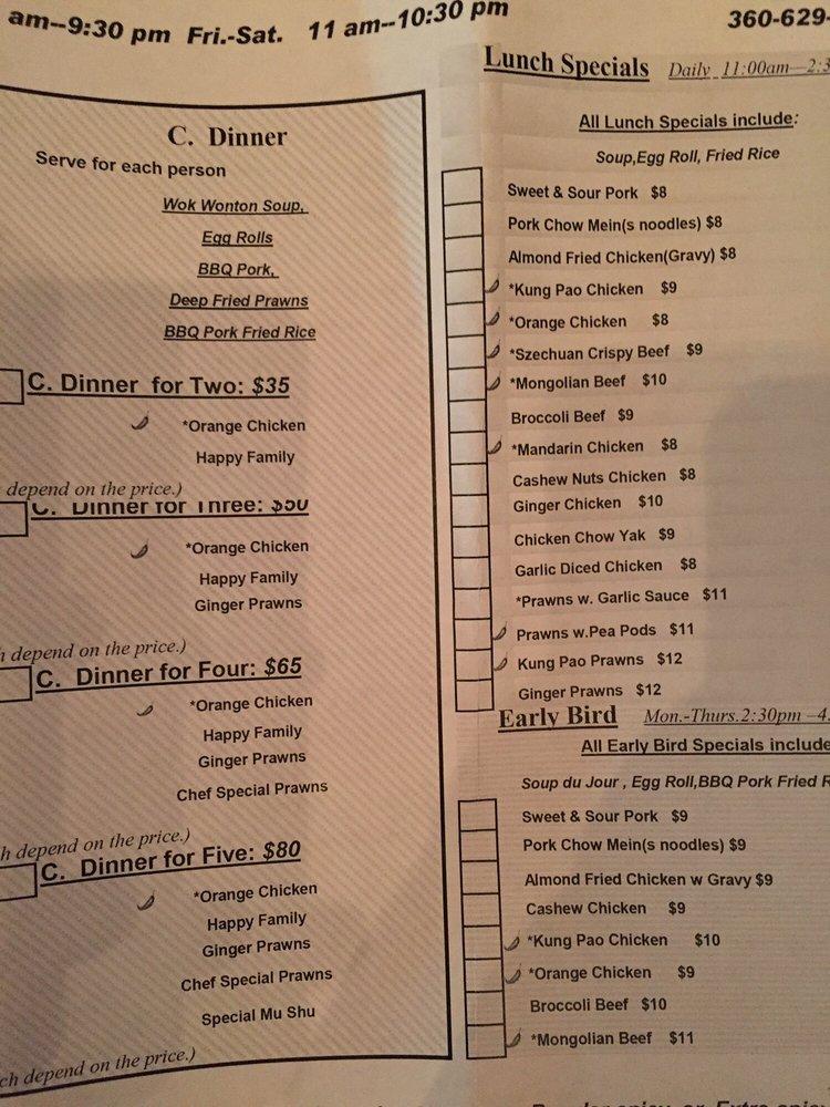 Menu at Dragon Palace restaurant, Stanwood