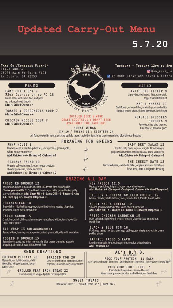 Menu at RD RNNR Libations Pints & Plates (roadrunner la quinta) pub