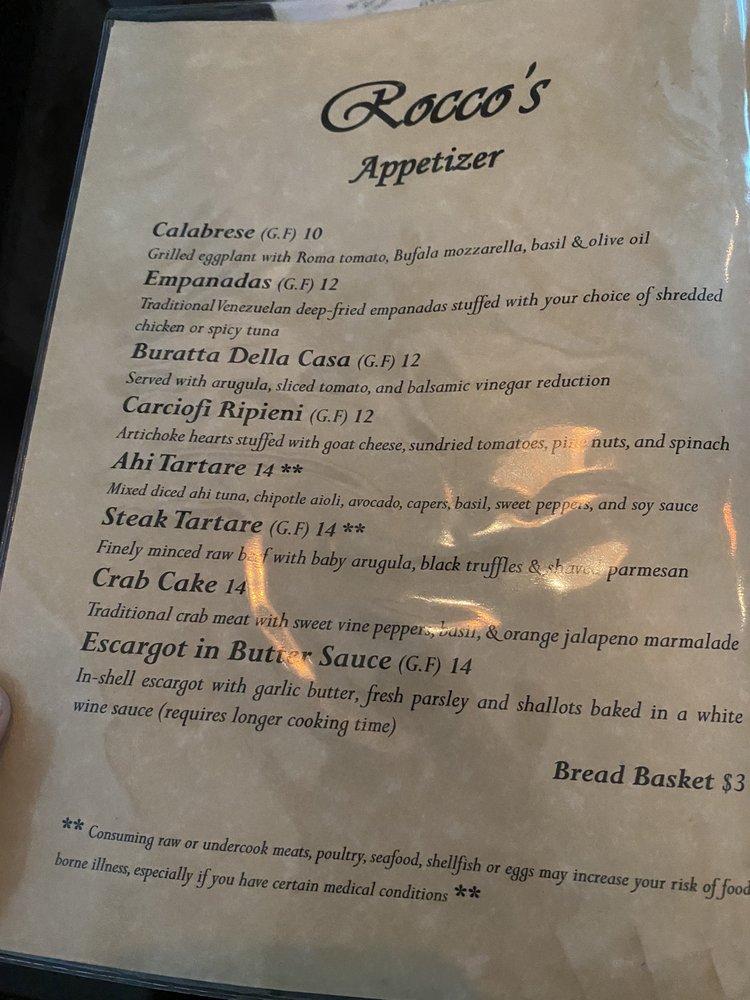 Menu at Rocco's Restaurant, San Clemente