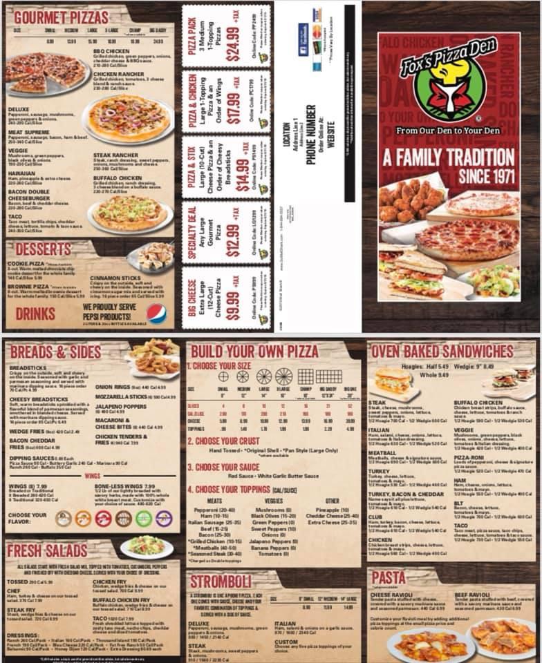 Menu at Fox's Pizza Midland restaurant, Midland