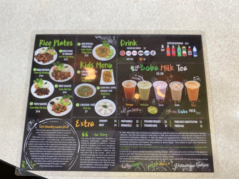 Menu at Gao Fresh Noodle restaurant, Johns Creek