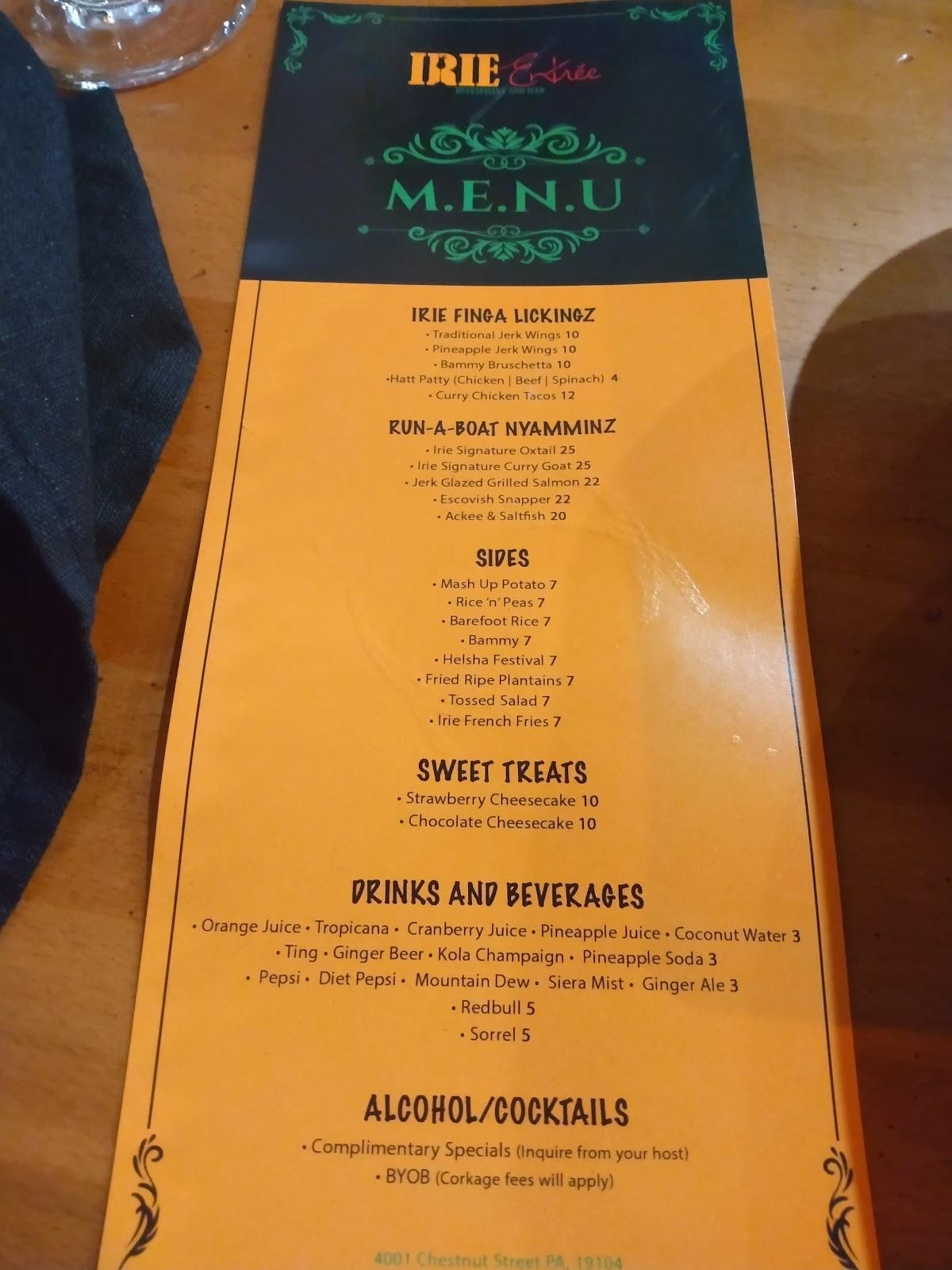 Menu at Irie Entree restaurant, Philadelphia