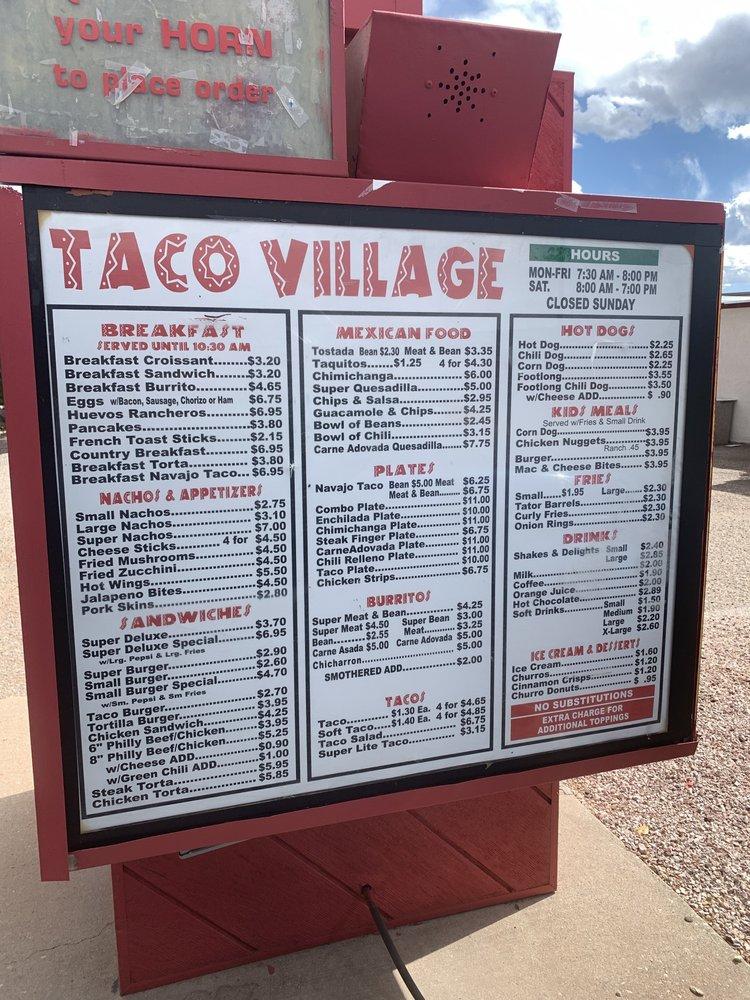 Menu at Taco Village restaurant, Grants, 700 Roosevelt Ave