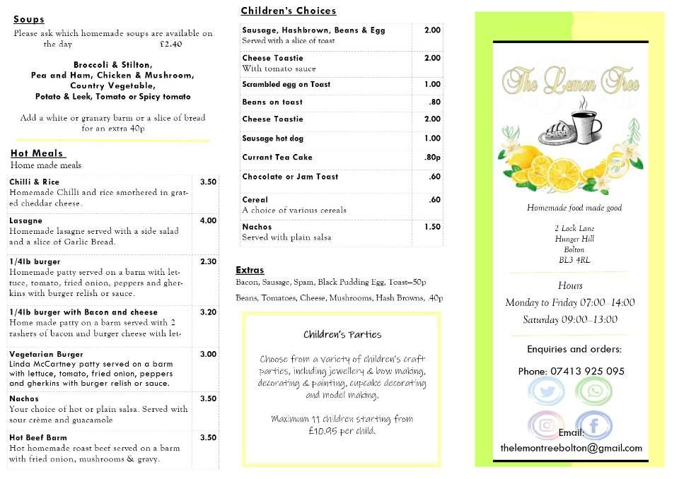 Menu at The Lemon Tree cafe, Bolton