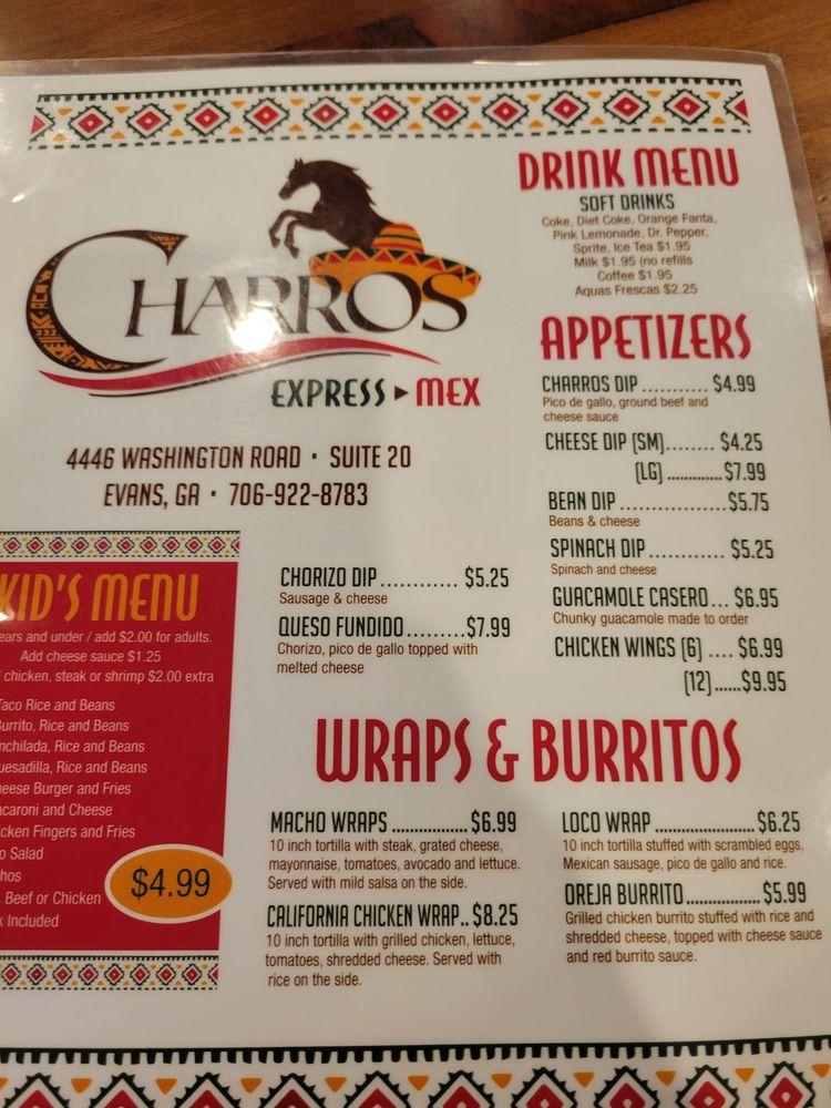 Menu at Charros Express Mex restaurant, Evans