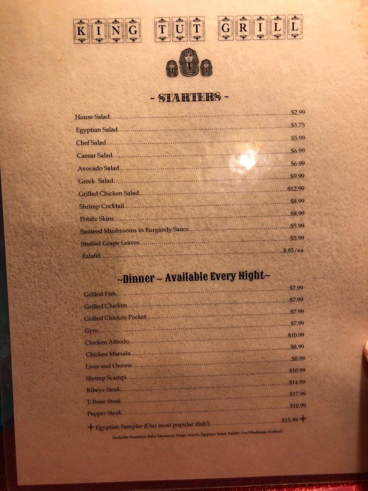 Menu at King Tut's Grill restaurant, Knoxville