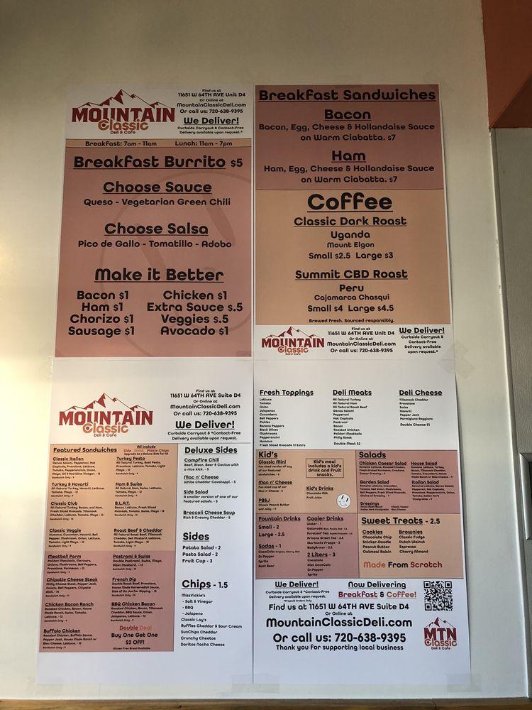 Menu at Mountain Classic Deli & Café cafe, Arvada