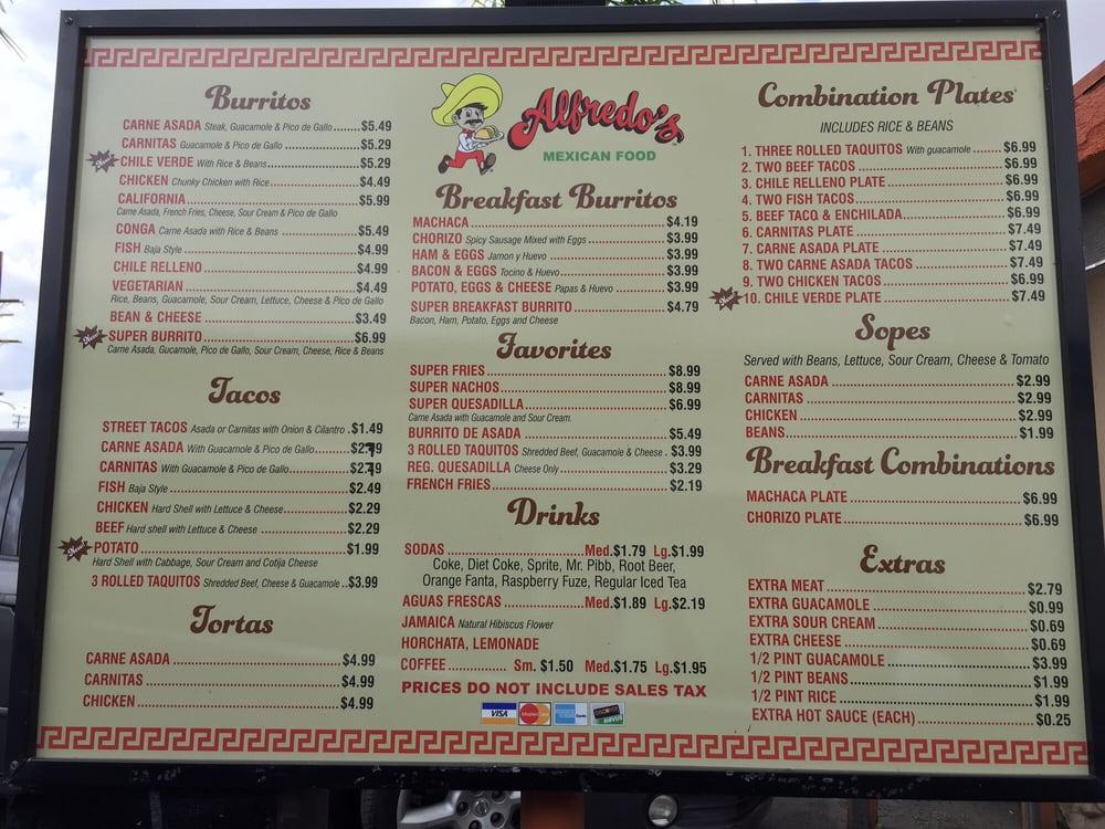 Menu at Alfredo's Mexican Food restaurant, Covina