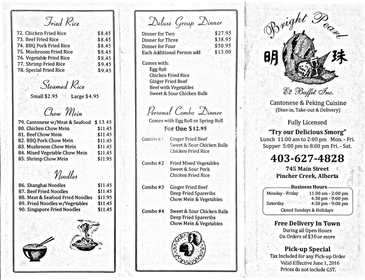 Menu at Bright Pearl Restaurant, Pincher Creek