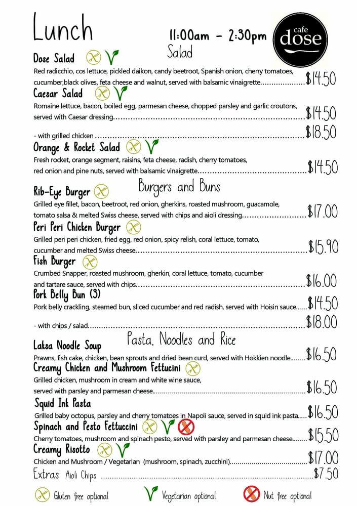 Menu at Cafe Dose, Herston, 288 Herston Rd