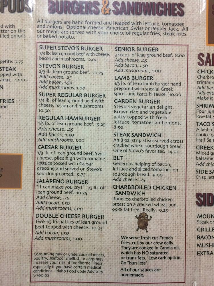 Menu at Stevo's restaurant, Heyburn, 290 S 600 W