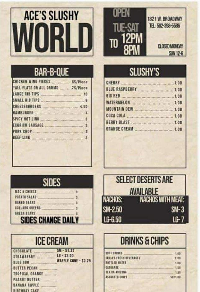 Menu at Ace’s Slushie World BBQ, Louisville