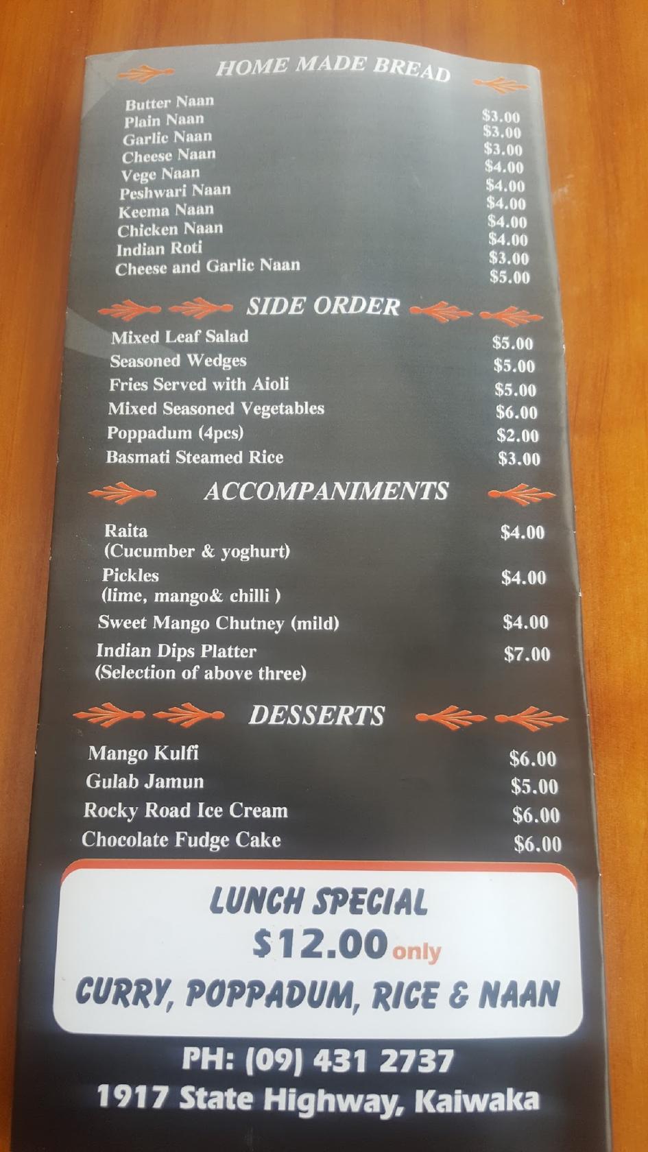 Menu at Spice Lounge restaurant, Kaiwaka