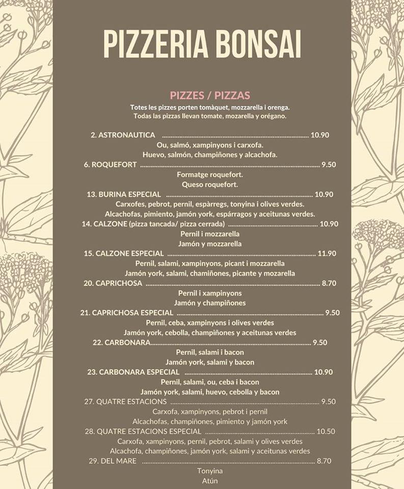 Menu at Bonsai restaurant, Sant Carles de la Ràpita
