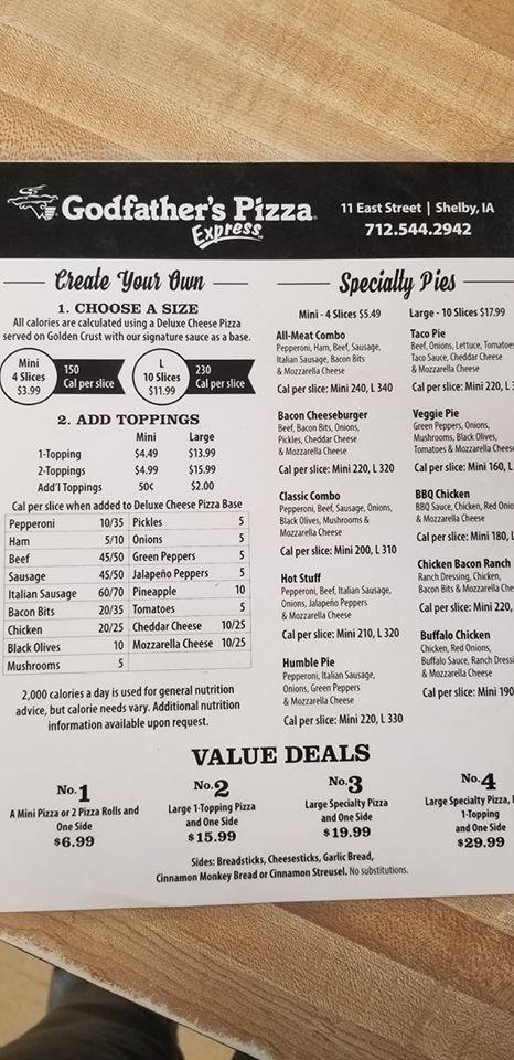 Menu at Godfather's Pizza Express pizzeria, Shelby