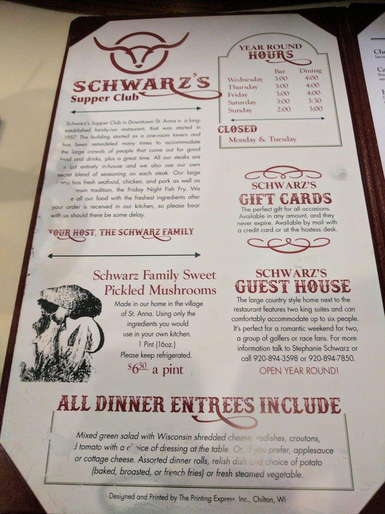 Menu at Schwarz's Supper Club, Saint Anna